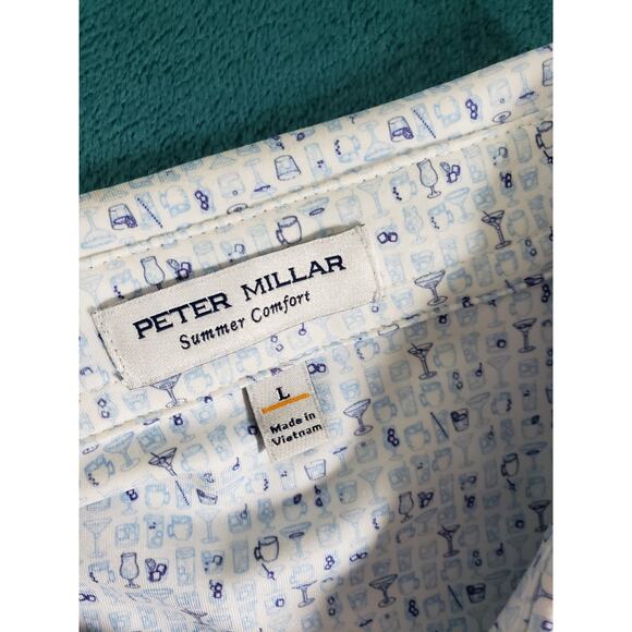 Peter Millar Polo Shirt Size Large Mens Blue Performance Golf Logo Drink - Picture 3 of 8